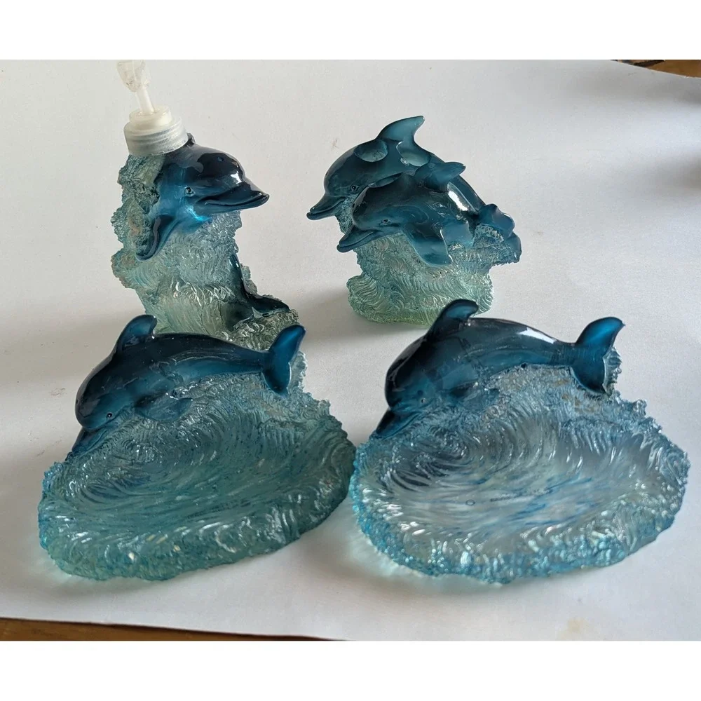 Allure 2000 Vintage Blue Dolphin Resin Bathroom Set 4 Piece Ocean Theme