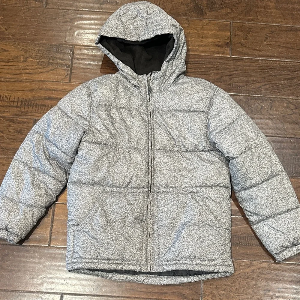 Old Navy‎ Boys Gray Marled Speckled Hooded Puffer Jacket Size L (10-12)