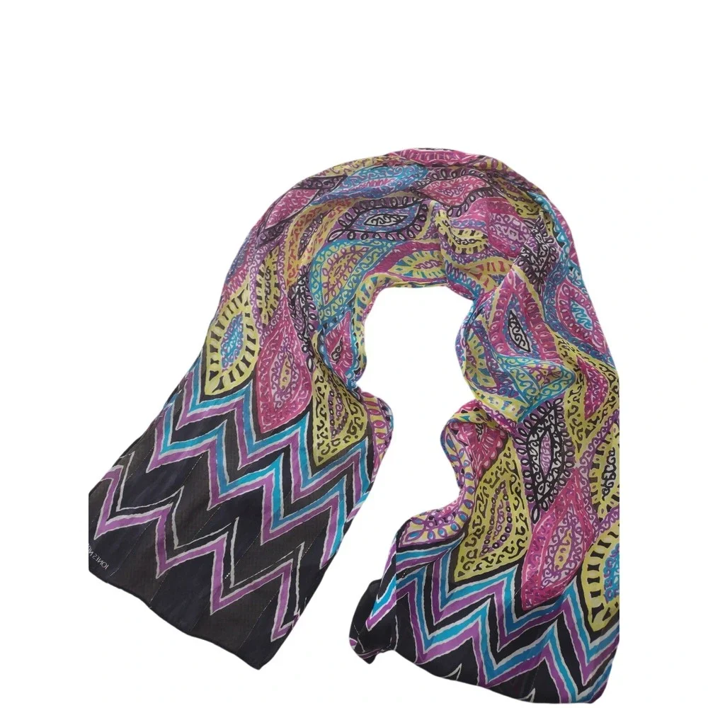 Jones New York 100% Silk Scarf Pink Yellow Paisley‎ Metallic Shimmer Boho Luxury