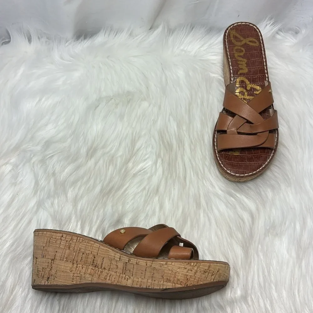 Sam Edelman Raynere Tan Leather Strappy Wedge‎ Mules Sz 8