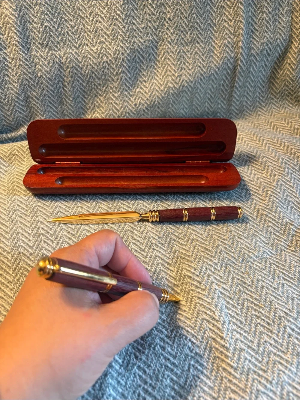 Wooden Ballpoint Pen and Letter Opener Set with Case - Mahogany Tone