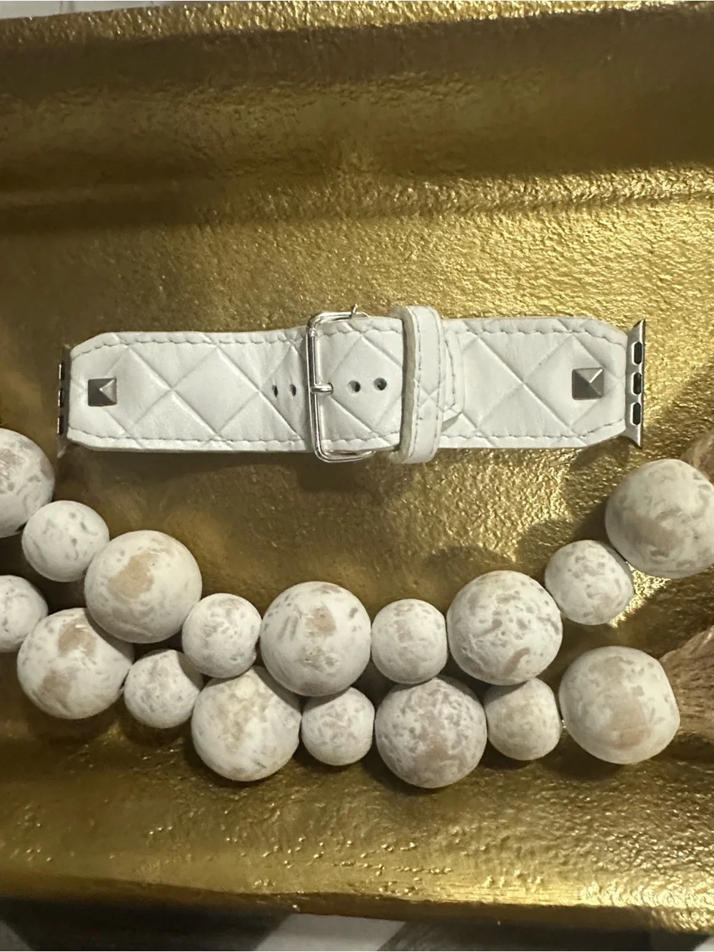 Quilted White Leather Apple Watch Band with Stud Details