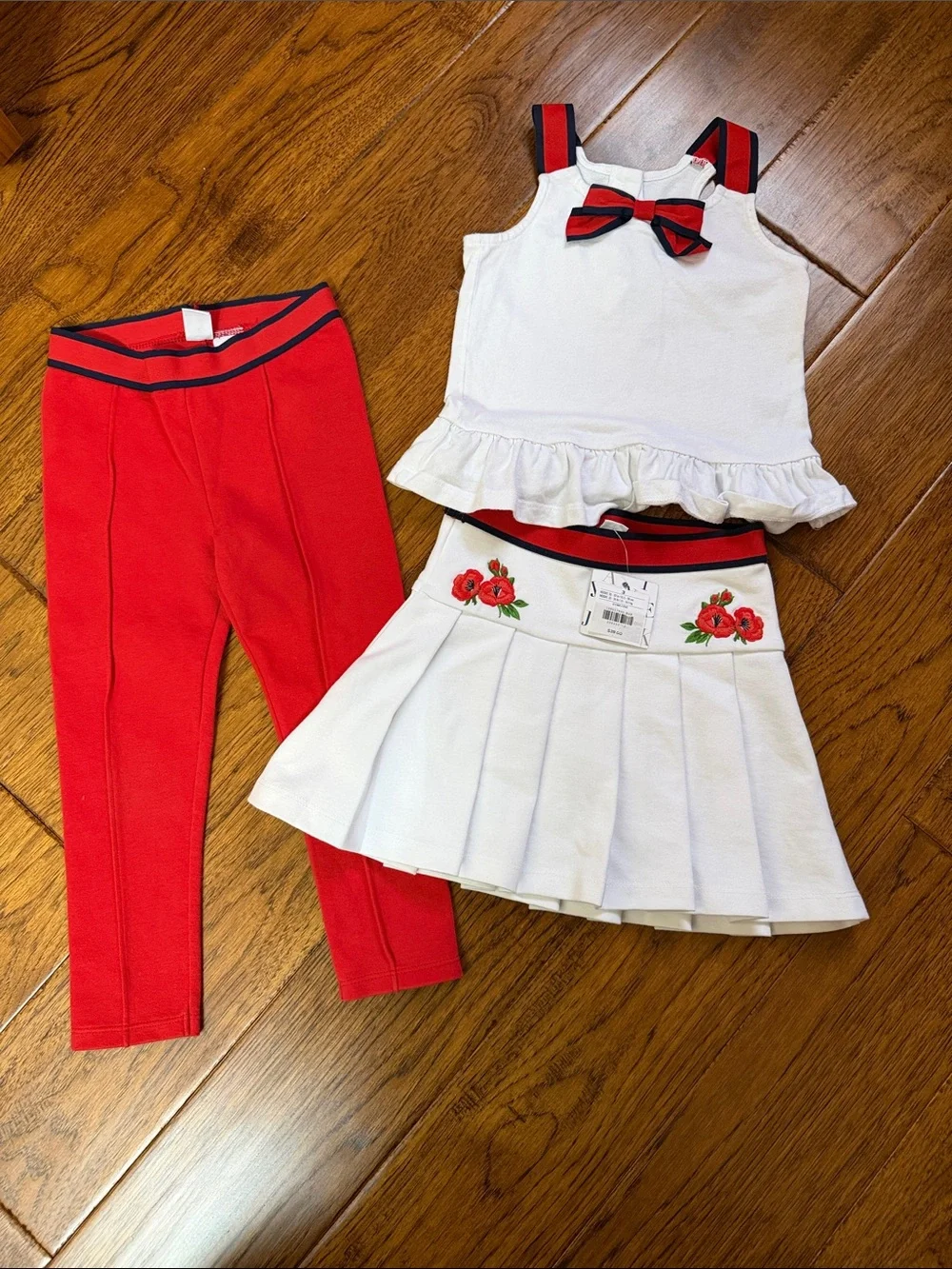 Girls White Ruffle Tank & Red Leggings with White Pleated Skirt Set