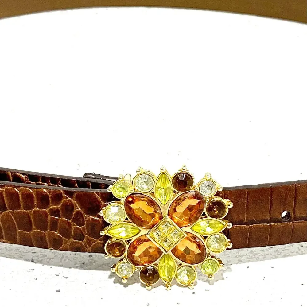 Liz Claiborne Y2K belt brown moc croc with colorful rhinestone buckle size L