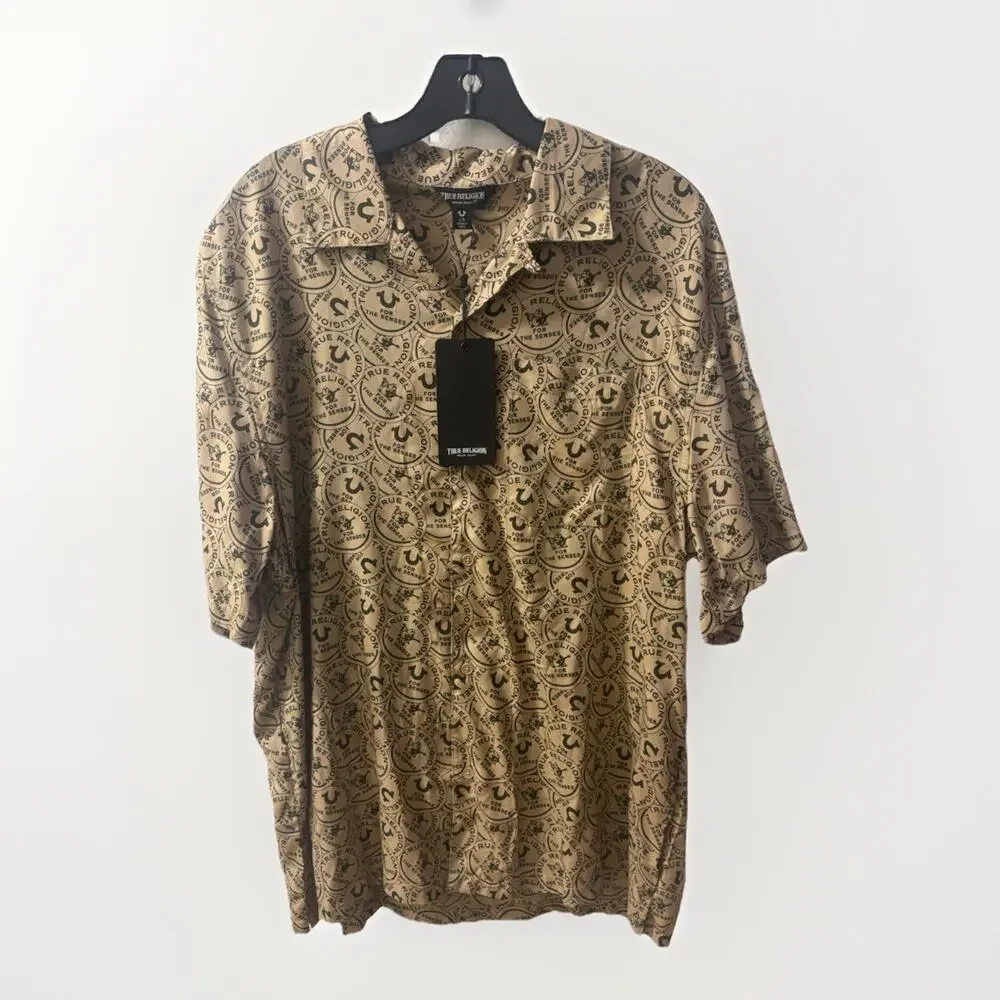 🌟 Rare True Religion Relaxed Button Down Shirt with Logo - Size L - Tan/Olive