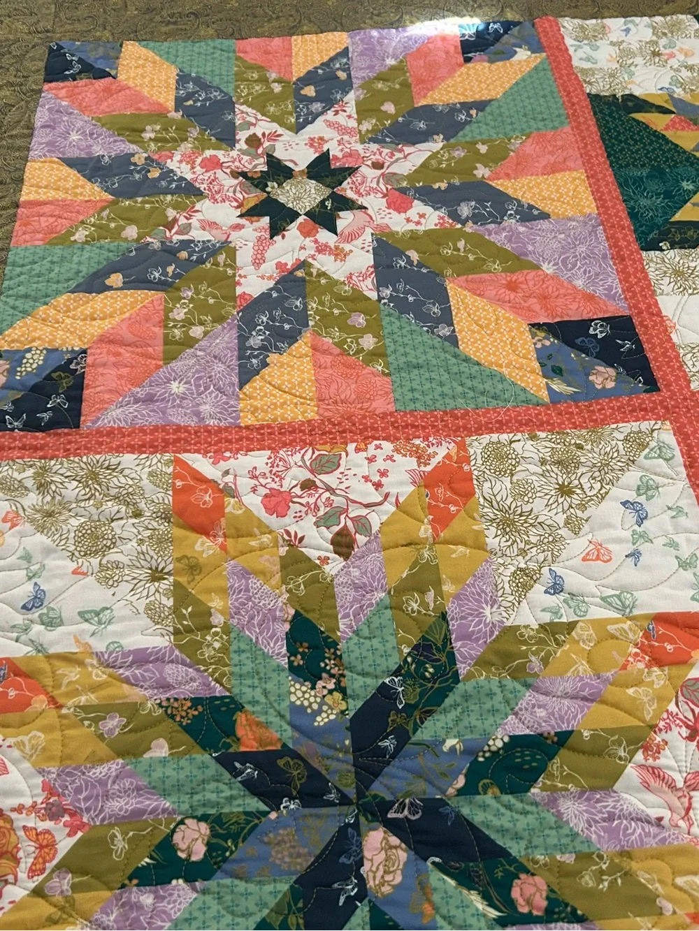 ONE OF A KIND - Handmade Multicolor Patchwork Quilt - Floral Star Pattern