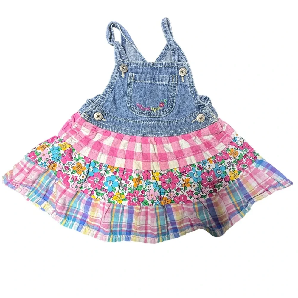 OshKosh Bgosh Denim Dress Floral‎ Plaid Ruffle Overalls Outfit 18 Months