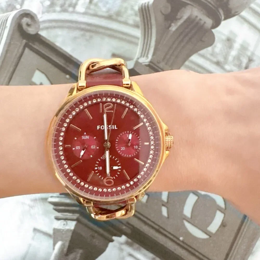 Fossil ES5141 Women Watch Burgundy Dial Crystal Bezel Quartz Leather Wristwatch