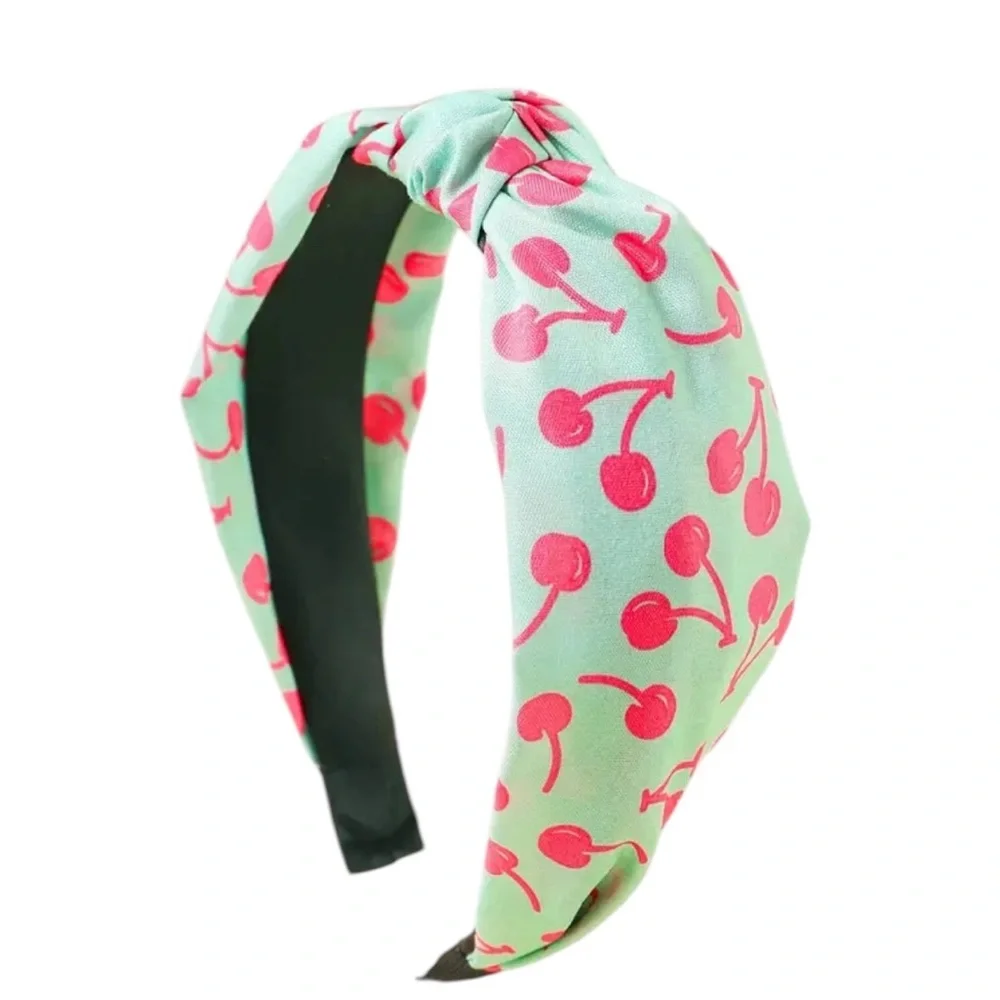 Green Pink Cherry Knotted Headband