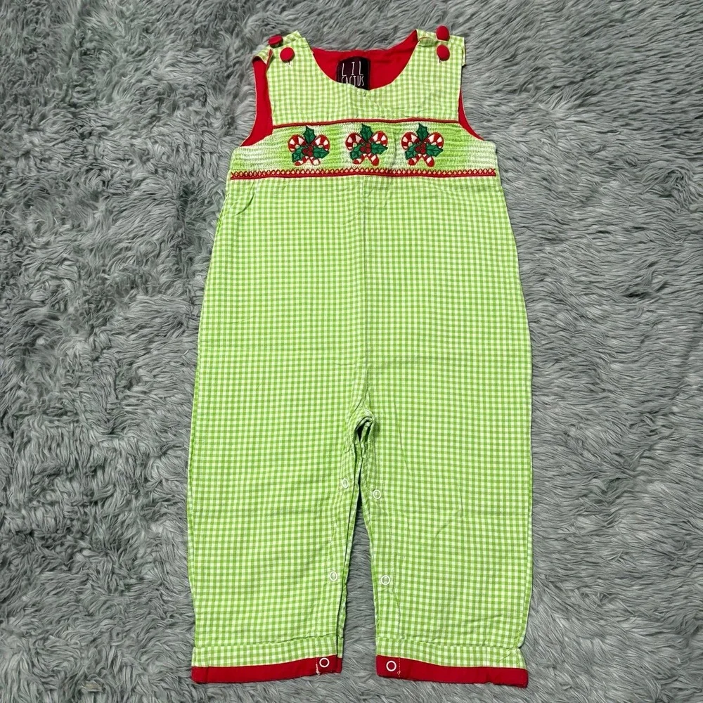 Lil Cactus Smocked Christmas‎ Overall Green Plaid Candy Cane Toddler 2T