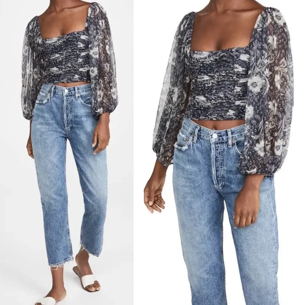 Free People Lilia Navy Floral Ruched Mesh Crop Top Size Medium