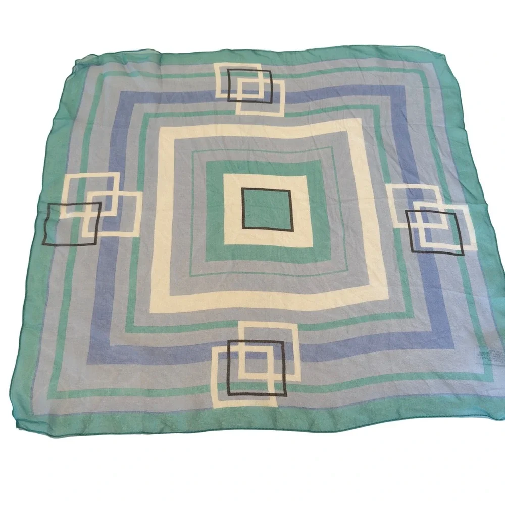 Albertazzi Italy 100% Silk Square Scarf Teal‎ Blue Geometric Mod Print MCM