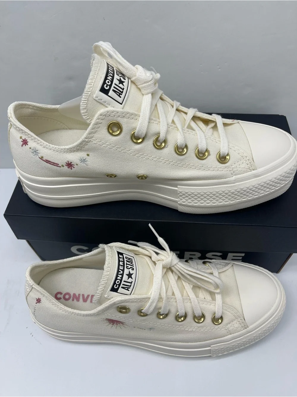 Converse STAC LIFT OX Platform Low Top Sneakers in Cream with Embroidered EGRET