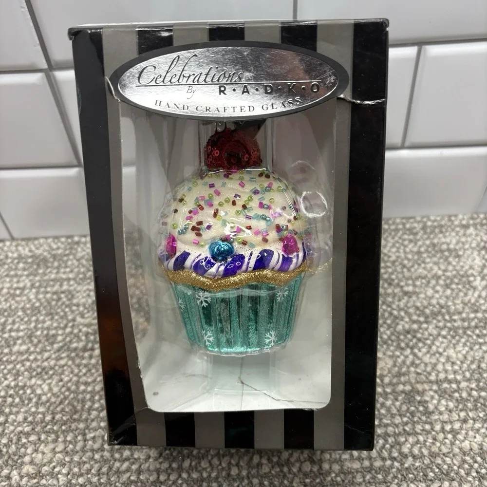 Christopher‎ Radko Glass Cupcake Christmas Ornament Decorative Hanging 5 In NIB