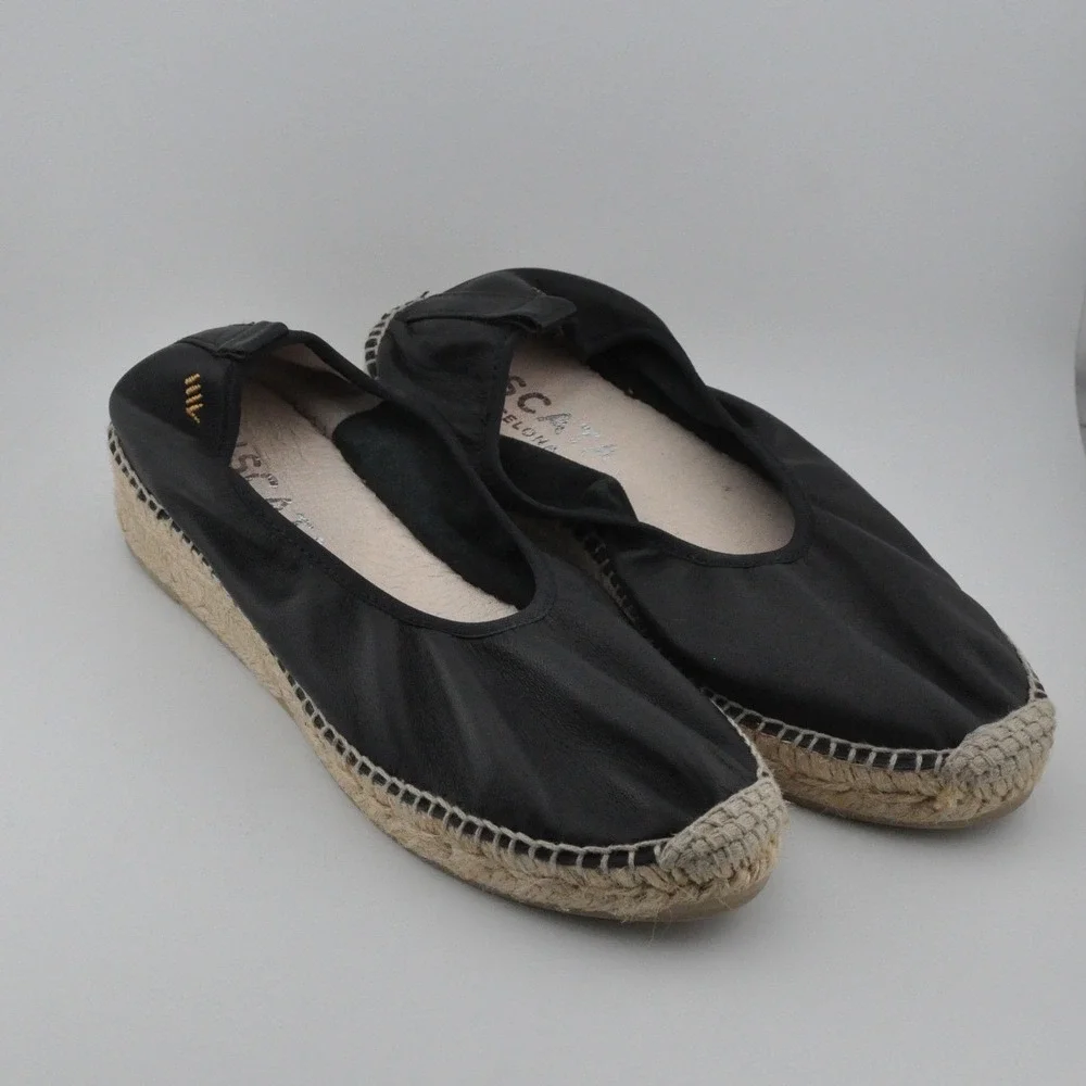 Viscata Barcelona‎ Leather Espadrille Wedge 38 Black Excellent Made in Spain