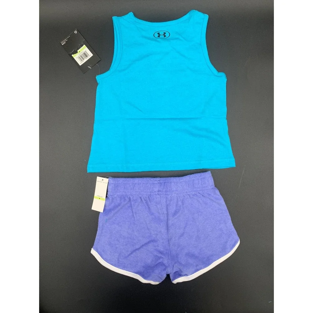 Under Armour Girls 2 Piece Set Rainbow Tank Top and Terry Shorts Blue Purple 4