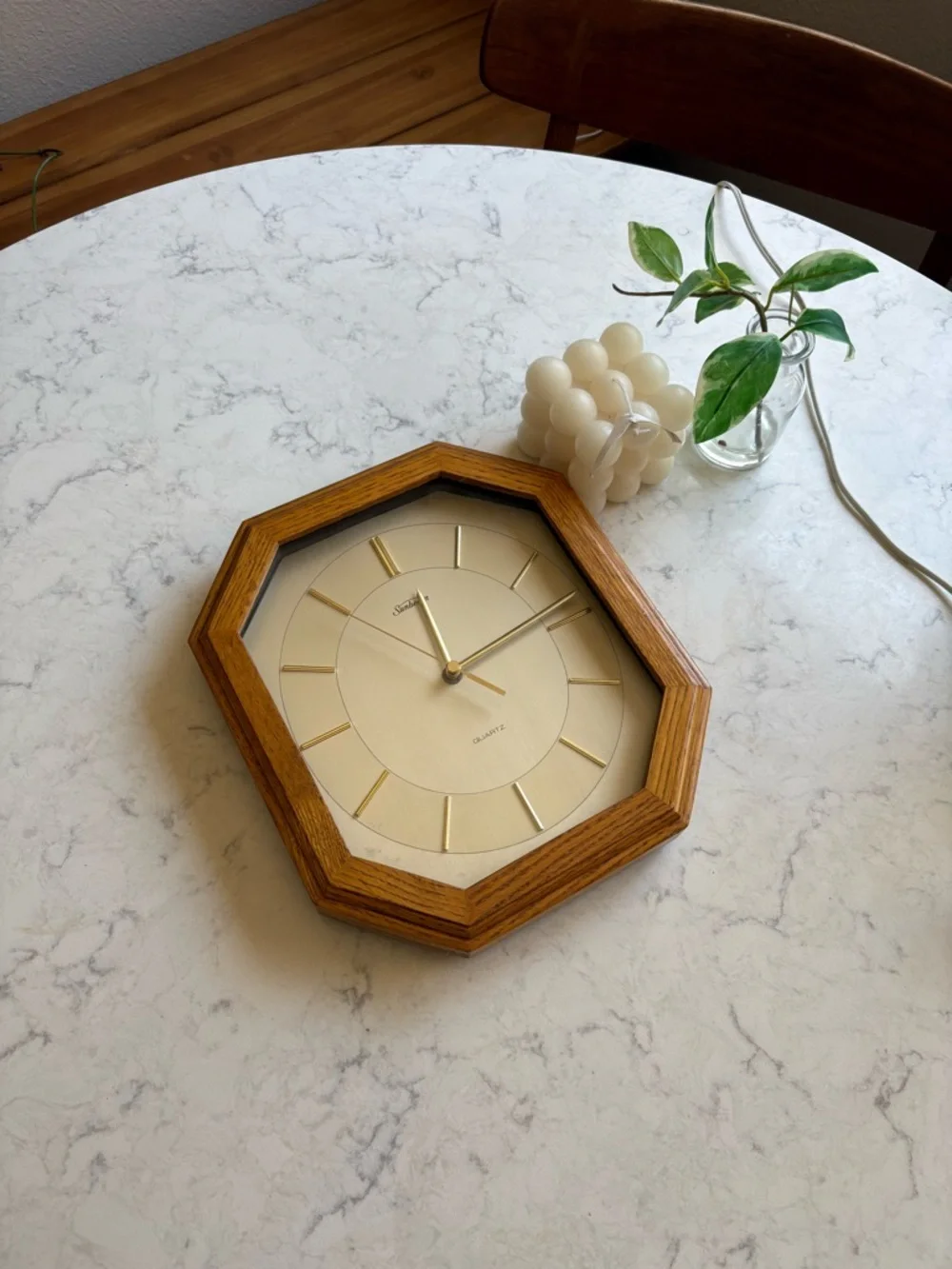 Vintage Sunbeam Quartz Octagonal Wall Clock in Cream and Wood