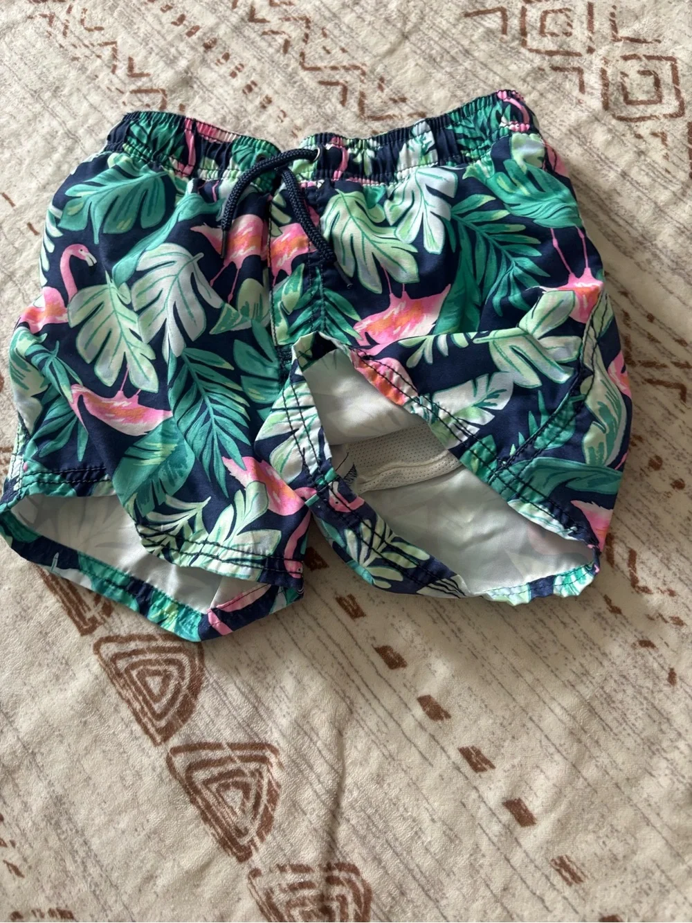 Boys’ Tropical Flamingo Print Swim Shorts - Navy with Pink & Green