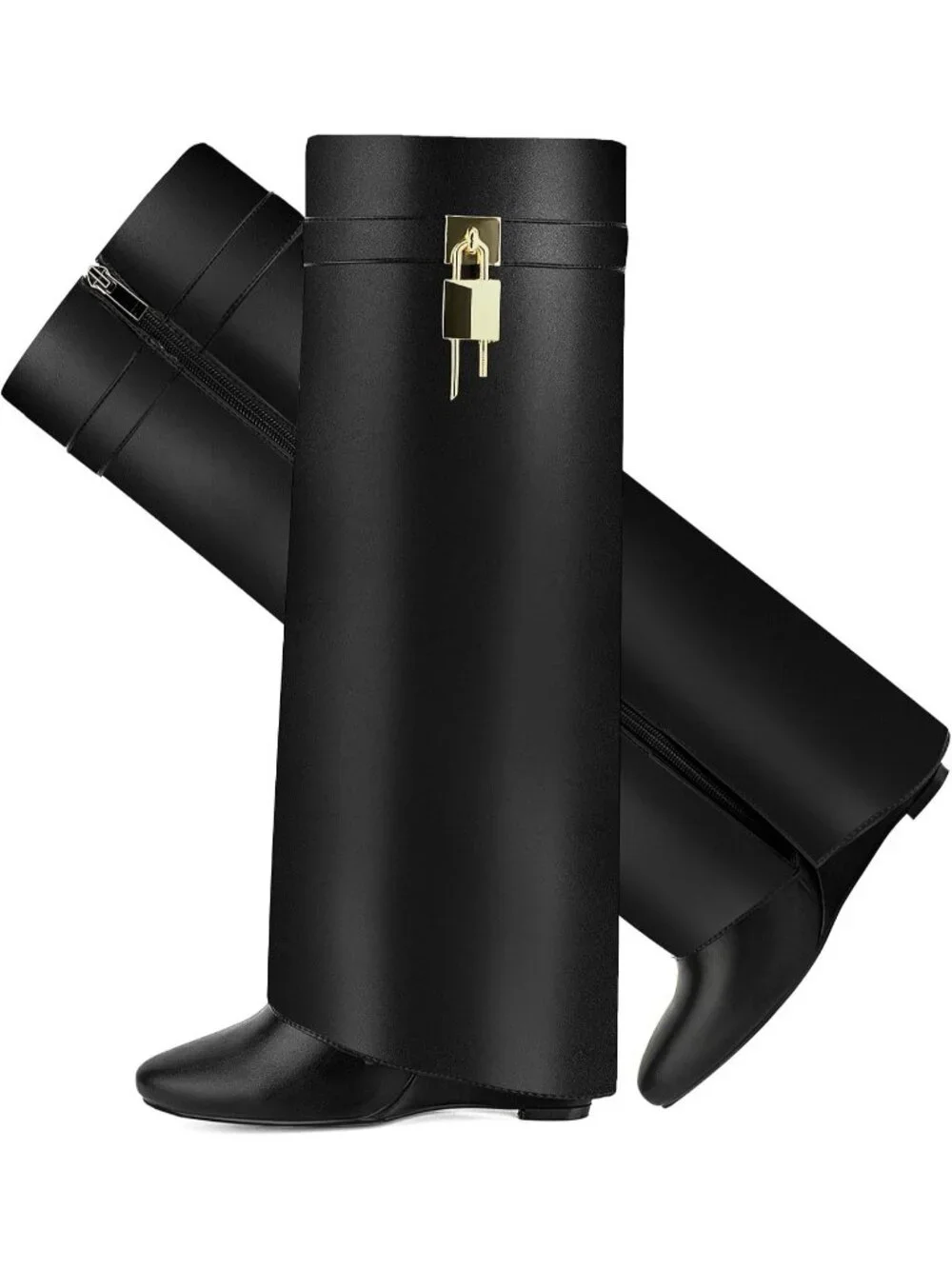 Women's Black Pointy Pull-on Side Zipper Padlock Fold Over Knee High Boot