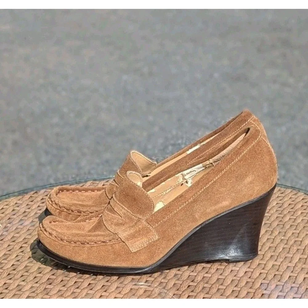 y2k dark academia leather wedge penny lane vintage Bass tassle heels 7.5M Enza‎