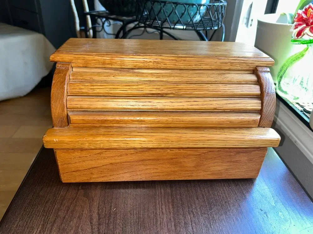 Vintage wood wooden roll-top Jewlery box with drawer bread box style