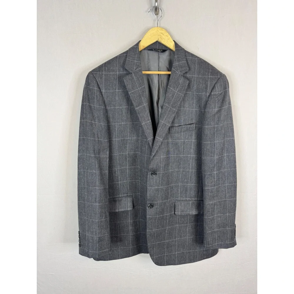 Alfred Sung Mens Grey Windowpane Wool‎ Silk Linen Blend Blazer Jacket 44 X-Long
