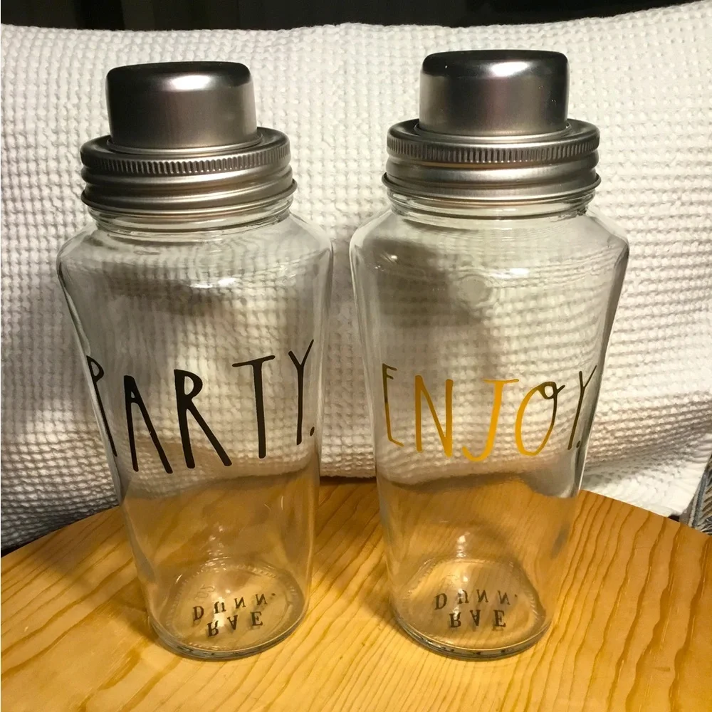 🍸Rae Dunn Cocktail Shaker Shake Party and Enjoy Clear Glass & Metal Lot 2