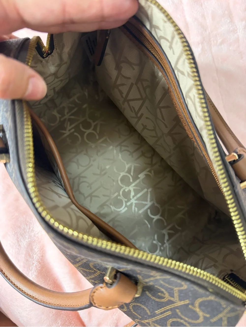 Calvin Klein Monogram Satchel Crossbody Brown Tan