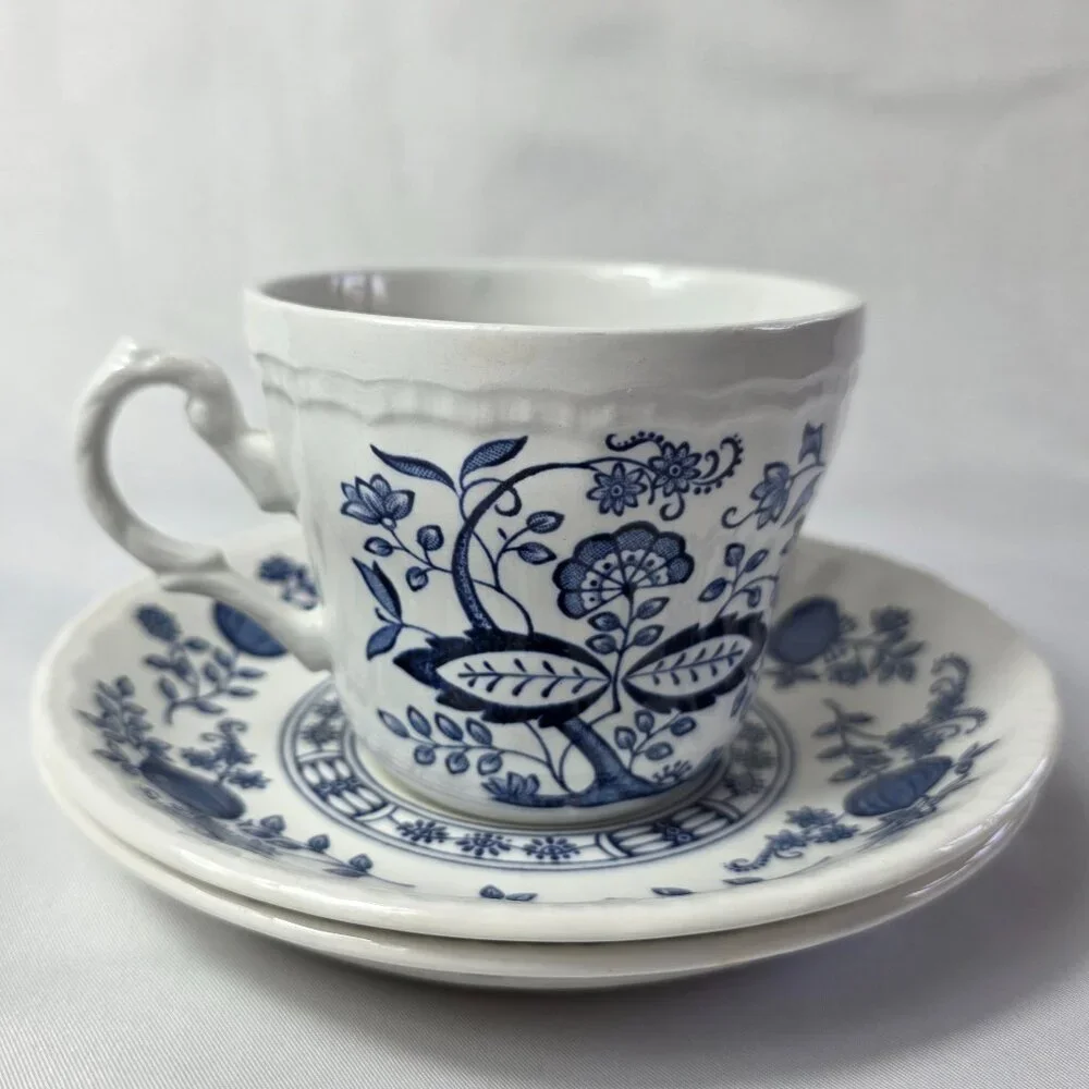 Wedgwood Blue Heritage Cup and Saucers (1 Cup 2 Saucers) White Blue Onion Design