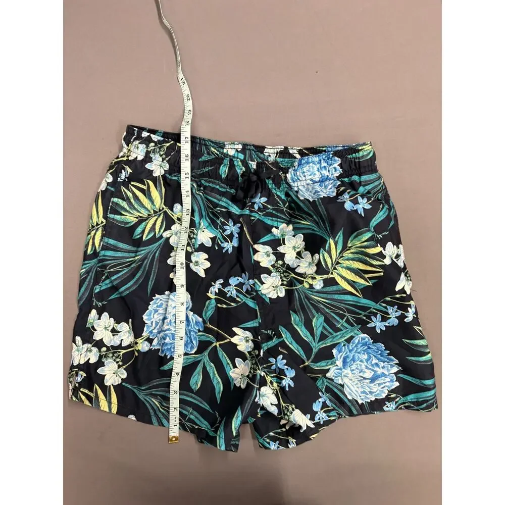 MENS OLD NAVY SWIM TRUNKS Shorts Draw String lined BLUE Flowers Hawaiian Small