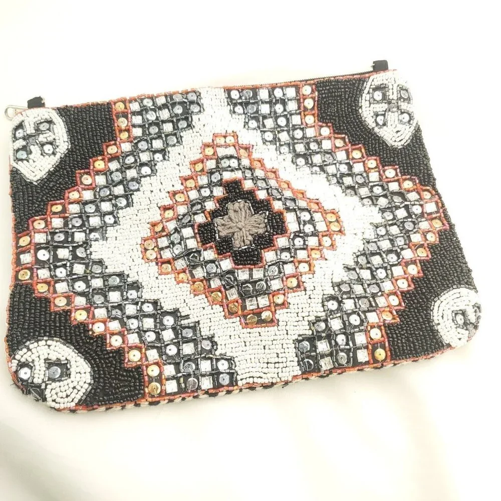 Antik Kraft Women's Multicolor Geometric Beaded Sequin Rectangle Cosmetic Bag