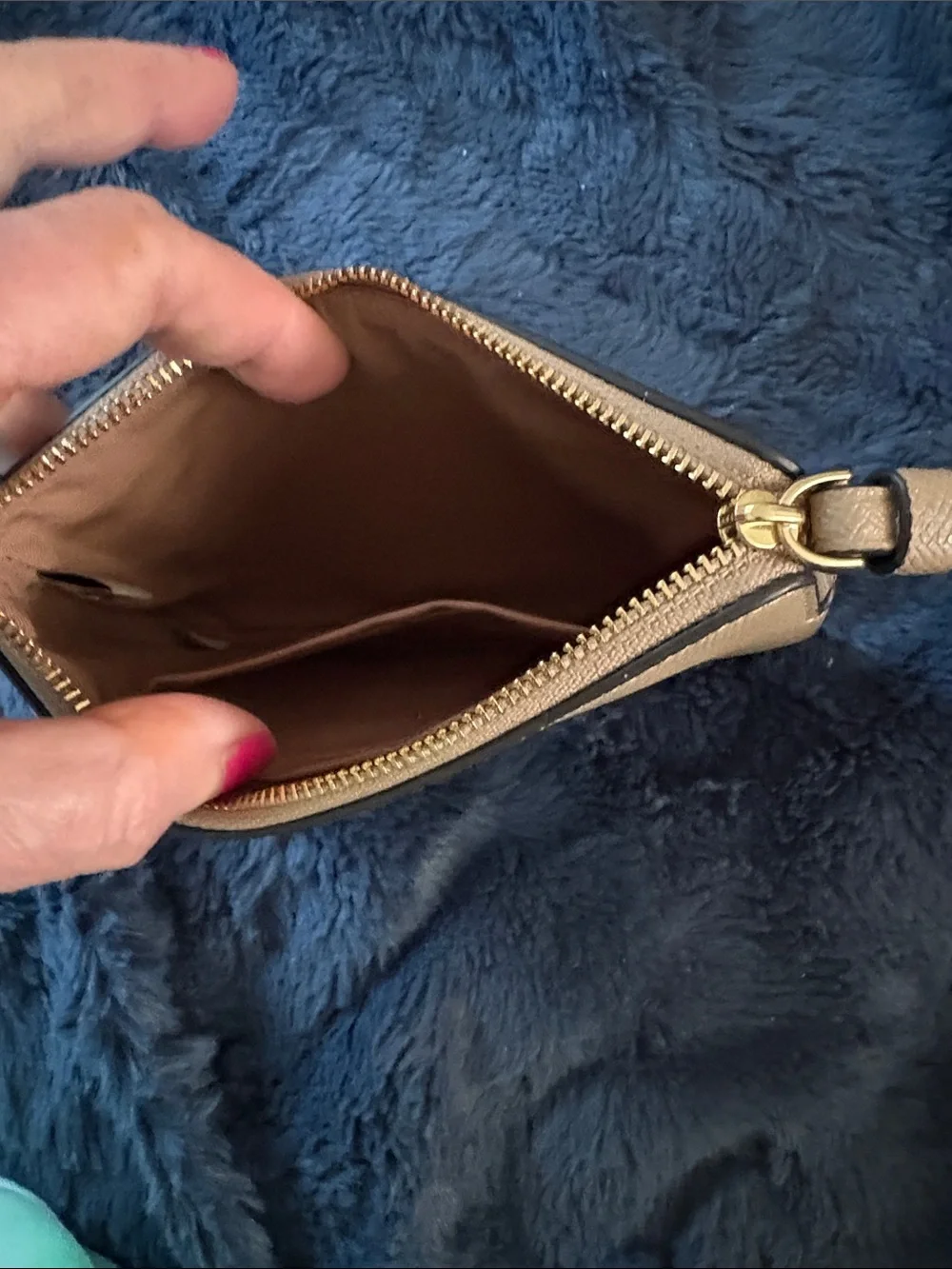 Coach Tan Pebbled Leather Wristlet with Gold Accent