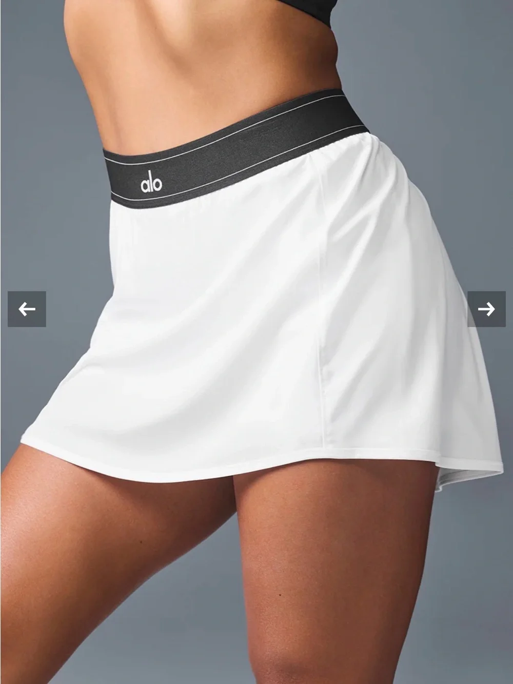 NWOT ALO Yoga Match Point White Tennis Skirt with Black Waistband Shorts