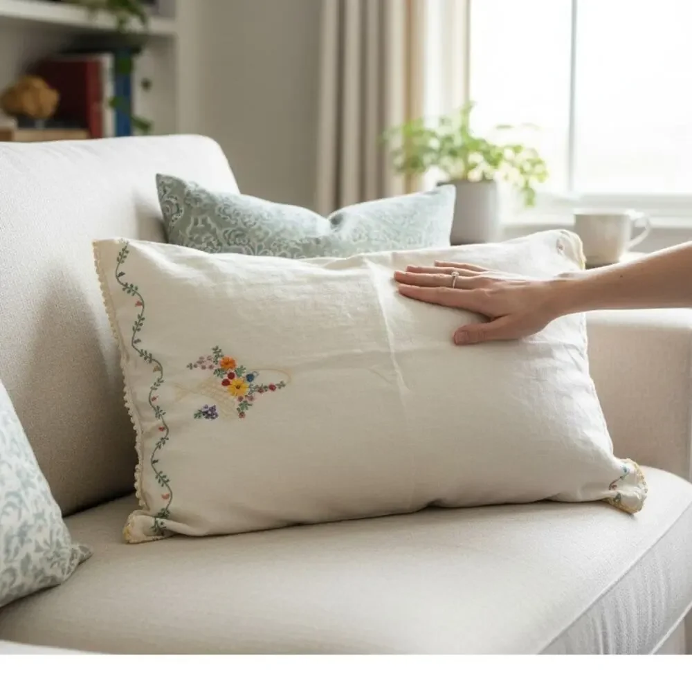 Throw Pillow cover vintage hand-embroidered floral basket crocheted 16