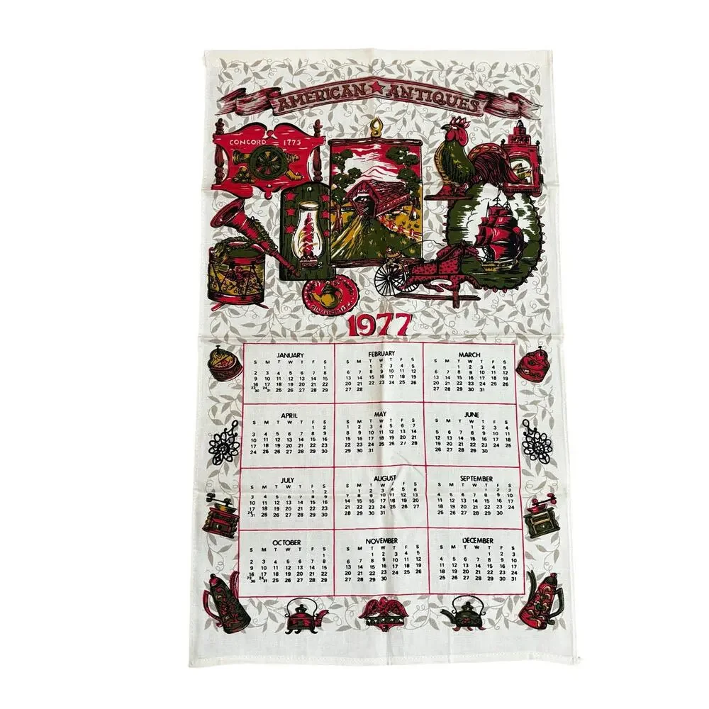 Vintage 1977 linen kitchen tea towel calendar dish cloth olive green deep red