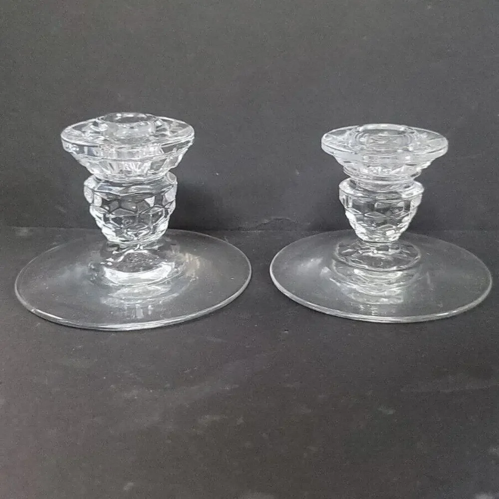 Fostoria Glass American Pattern Low Candle Holders Two Line #2056 PAIR CLEAR