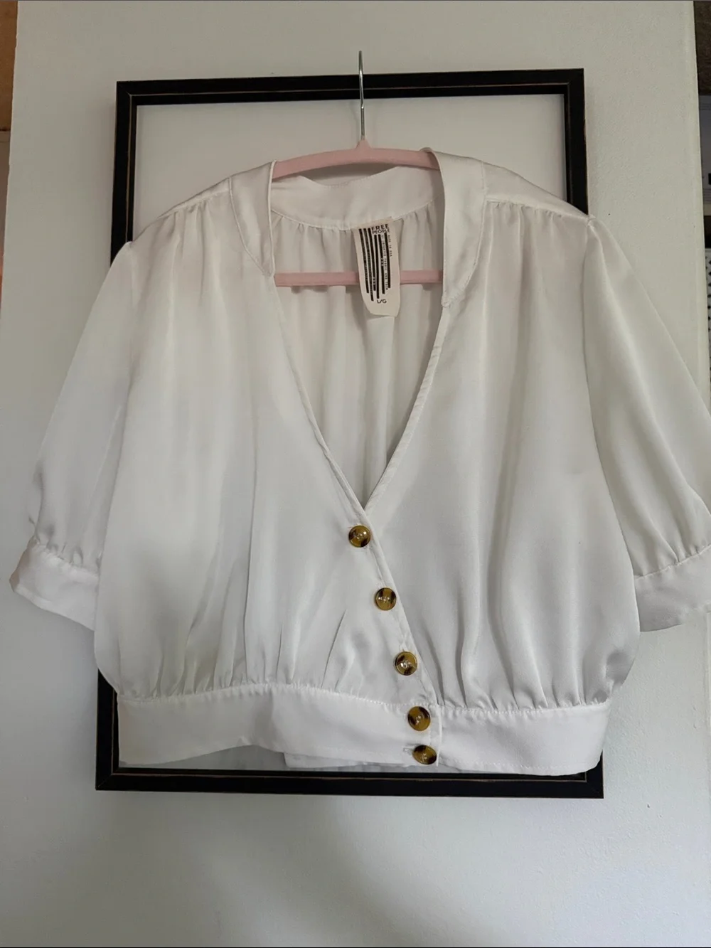 Free People White V-Neck Button-Front Blouse with Gold Buttons
