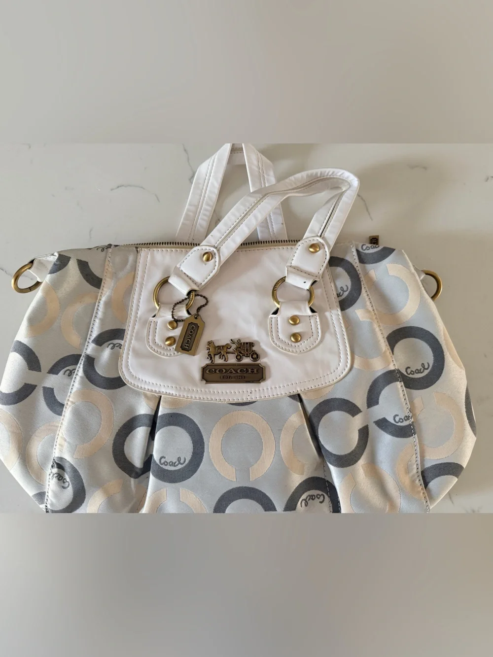 Coach White, Gray and Cream Signature Circle Tote