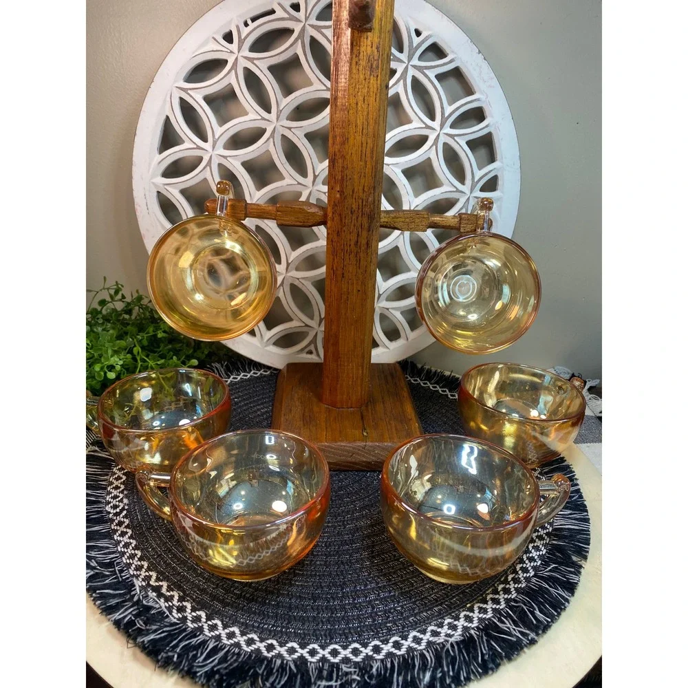 Vintage Fire-King Peach Lustre Tea‎ Cups Set of 6 Iridescent Copper Glass Mugs