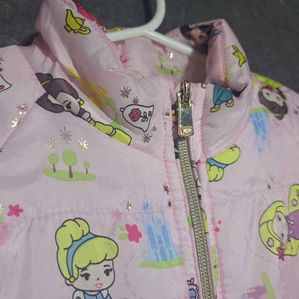 Disney Princess Pink Puffer Jacket Girls Size 5/6 Chibi Jasmine Belle Cinderella