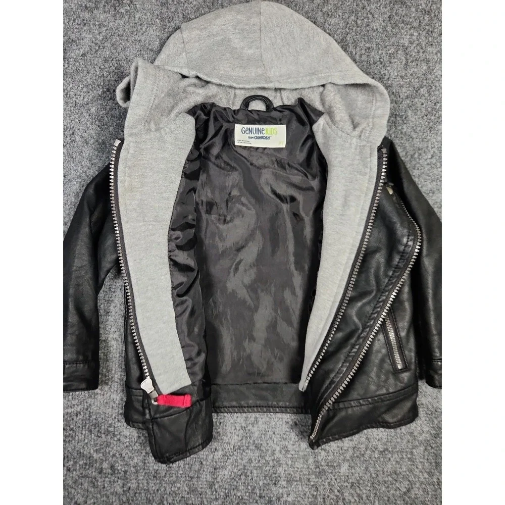 Genuine Kids OshKosh Toddler Faux Leather Moto Jacket Black Grey Hooded Coat 2T