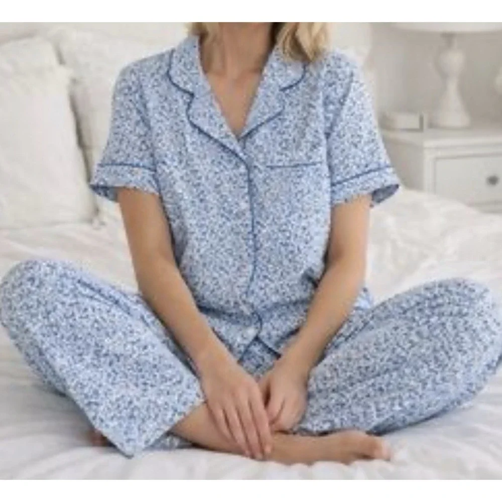 Kate Spade WHITE/BLUE FLORAL‎ Soft Knit Cropped Pajama Set Women's M Spring