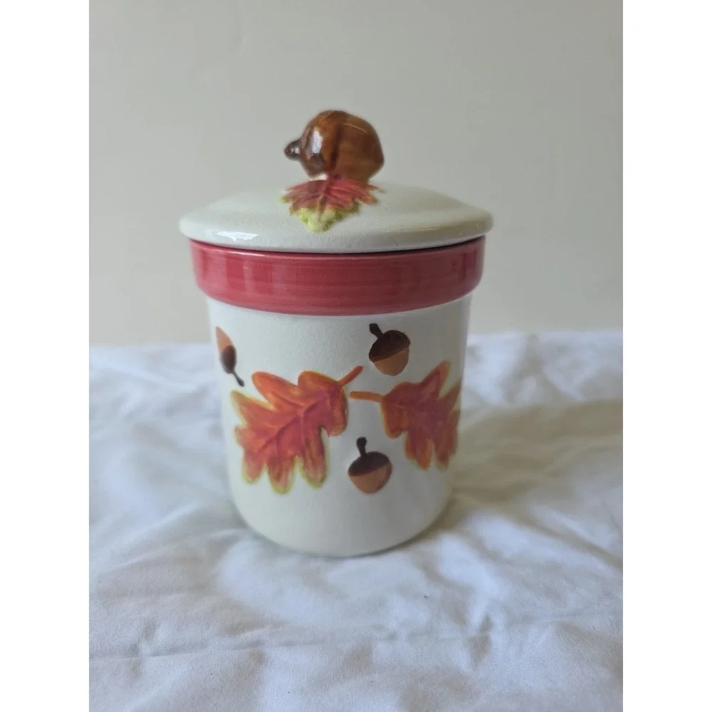 Hallmark Ceramic Acorn Crock Jar With Lid‎ Embossed Fall Oak Leaves Autumn