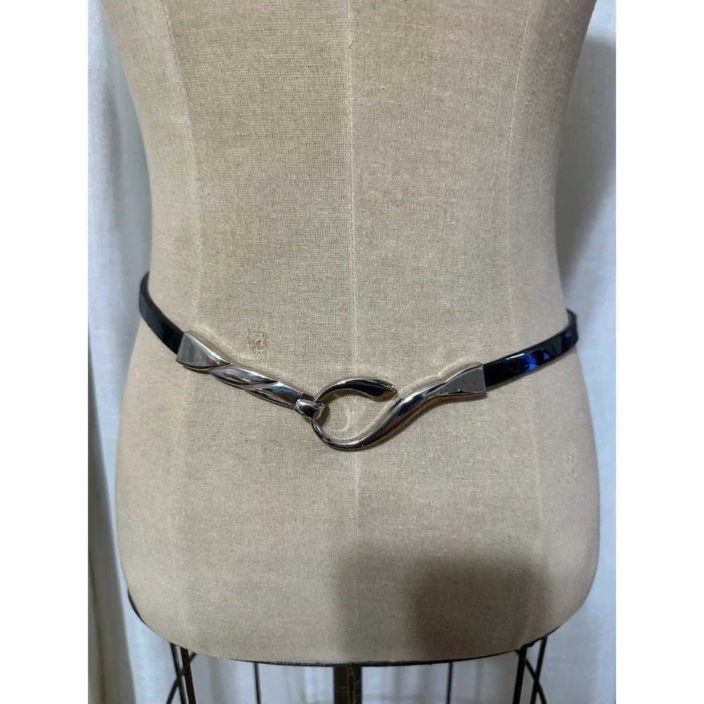 Vintage Black Patent Leather Skinny Belt Silver Sculptural Hook Buckle