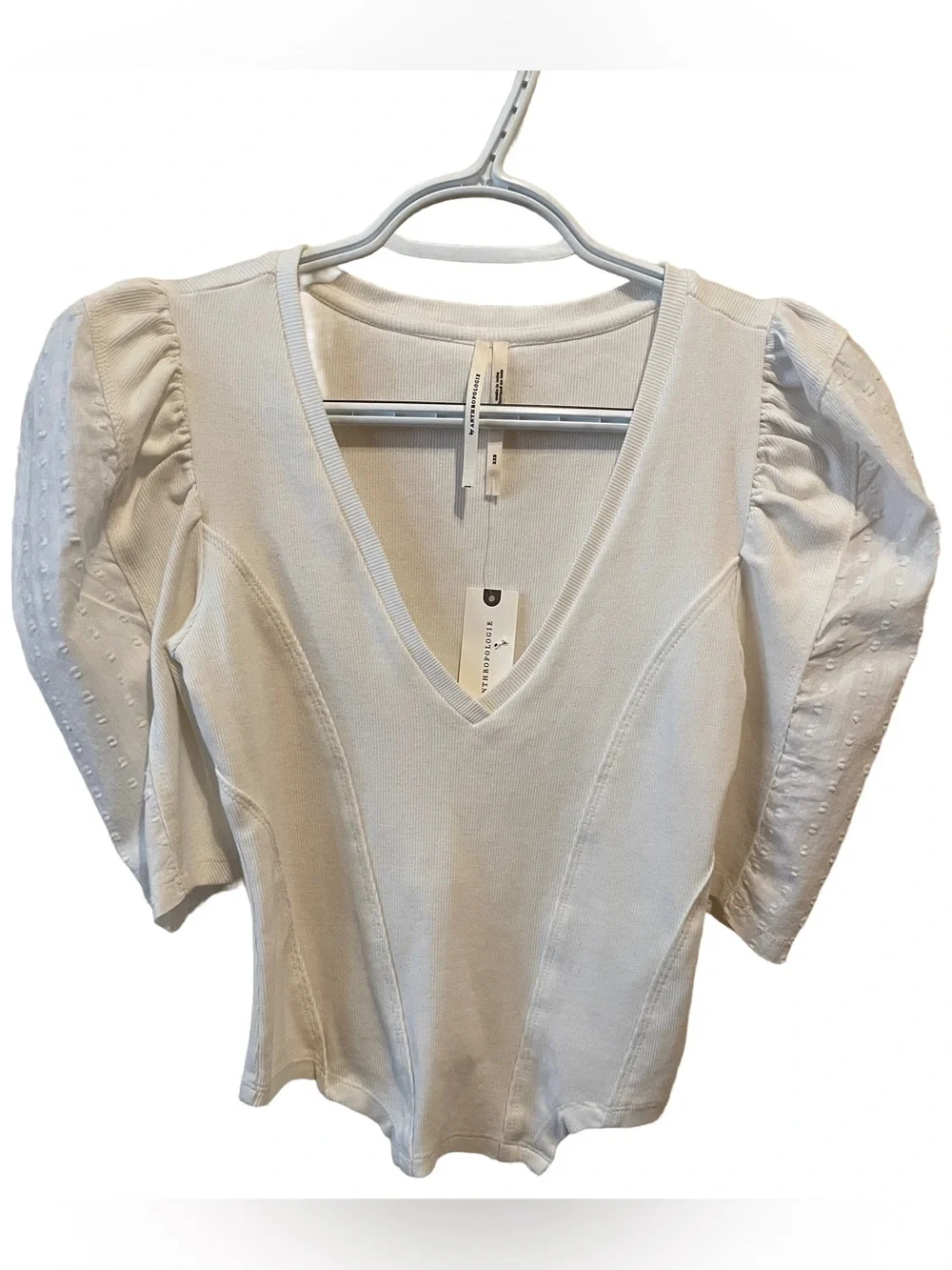 Anthropology V-Neck Puff Sleeve White Top XXS