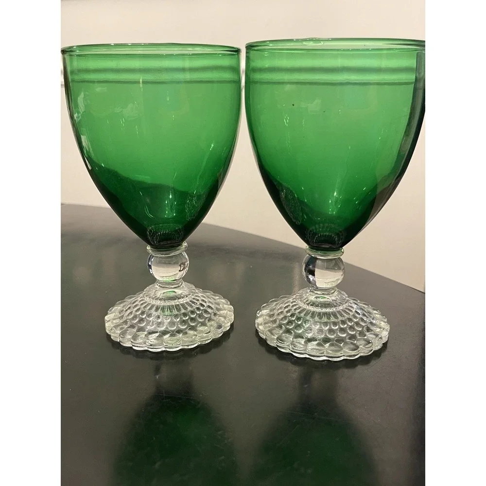 4 Anchor Hocking Boopie Emerald Green Bubble‎ Foot Vintage Water Goblet Glasses