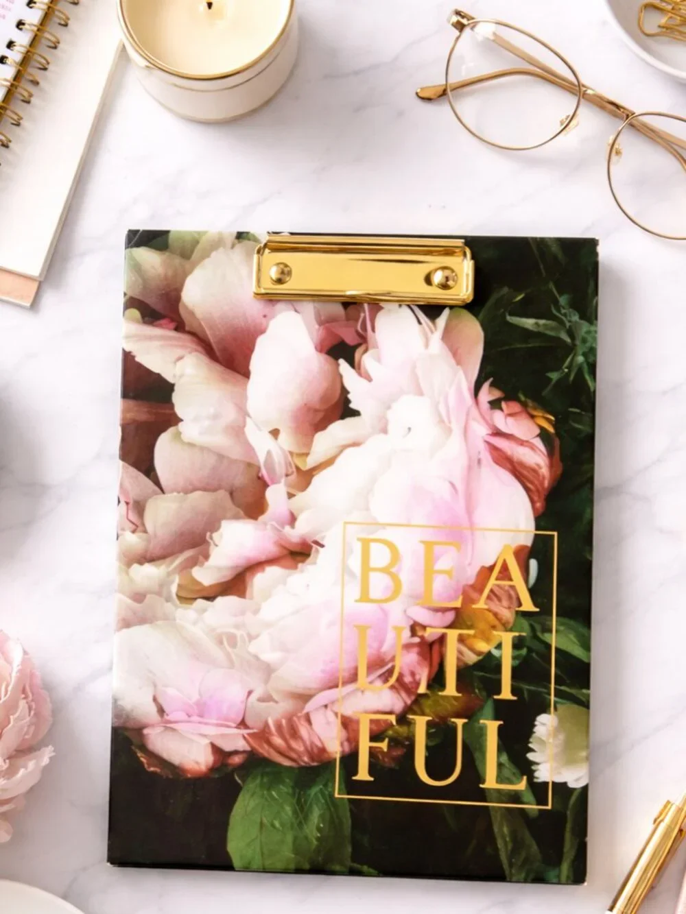 Beautiful Floral Clipboard Notebook Gold Desk Journal Peony Office Decor NWT