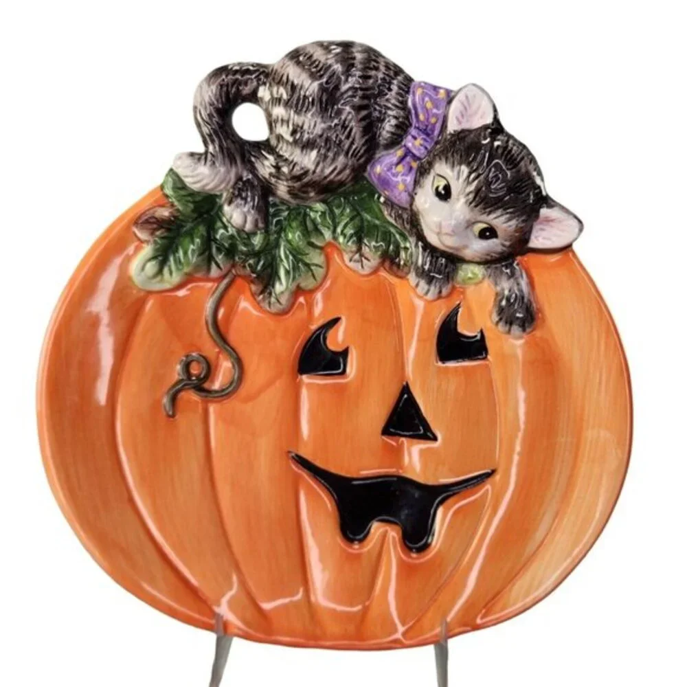 Fitz and Floyd Halloween Snack Plate Cat Jack O Lantern Canape Serving‎ READ