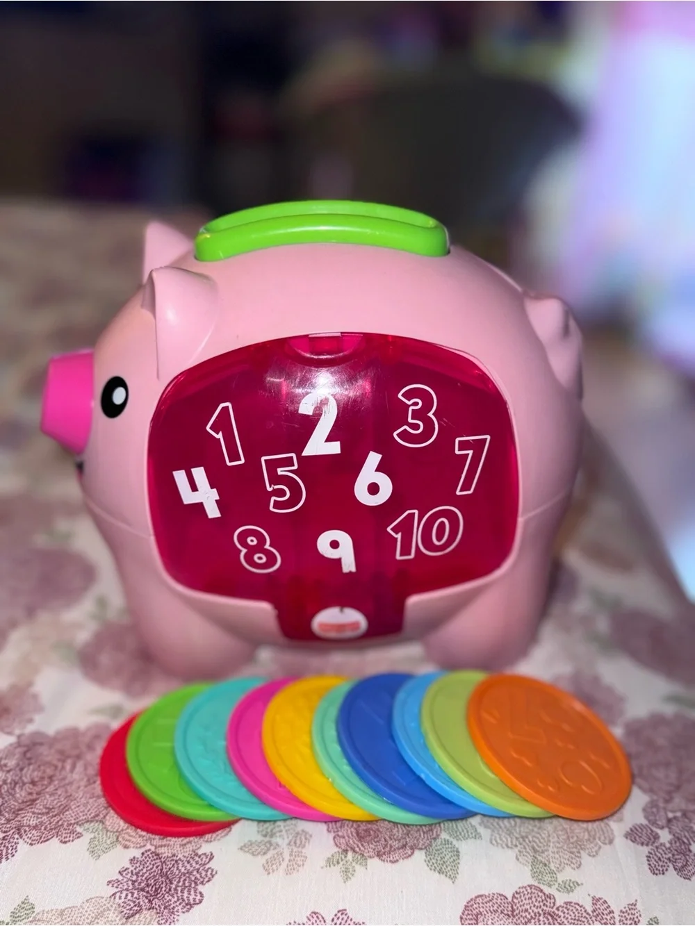 Fisher-Price Pink Piggy Bank with Green Handle and Multicolored Coins
