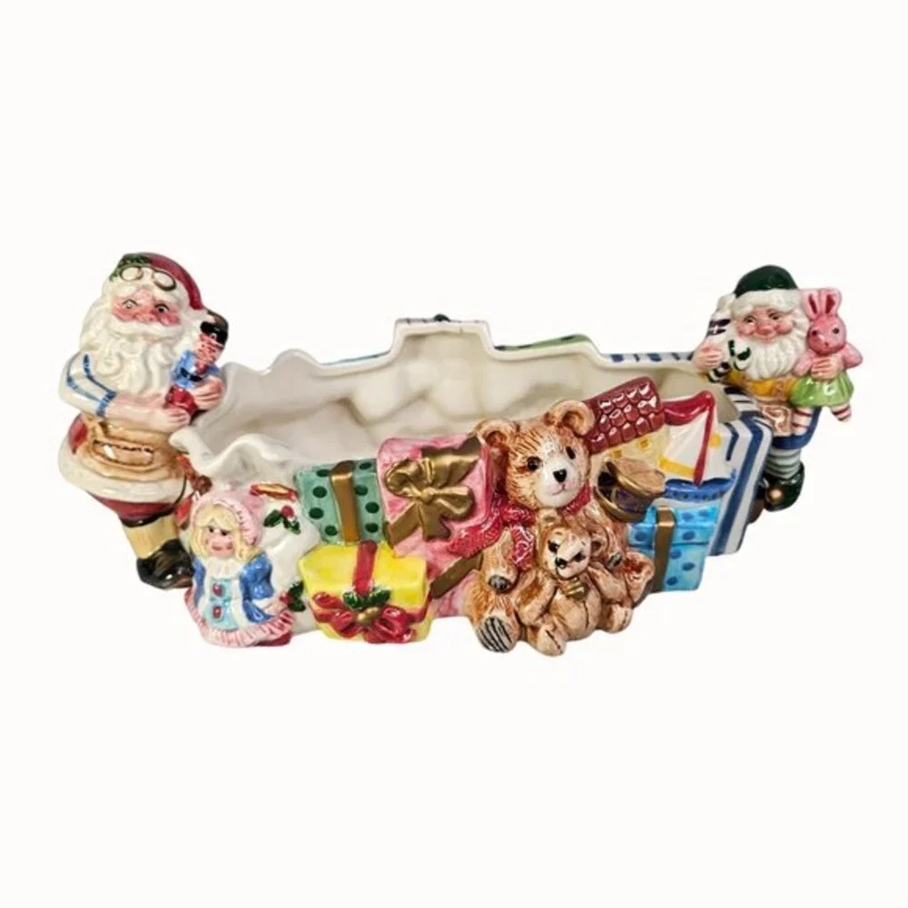 Fitz and Floyd Candy Dish Santa‎ Elf Christmas Ceramic Magic Kingdom Toys READ